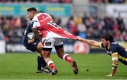 10 December 2016; Charles Piutau of Ulster is tackled by Remi Lamerat of ASM Clermont Auvergne during the European Rugby Champions Cup Pool 5 Round 3 match between Ulster and ASM Clermont Auvergne at the Kingspan Stadium in Belfast. Photo by Ramsey Cardy/Sportsfile