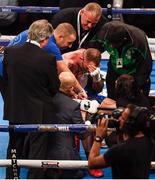 10 December 2016; Luke Blackledge is attended to by medical staff after he was knocked out during his British Super-Middleweight Championship fight with Callum Smith at the Manchester Arena in Manchester, England. Photo by Stephen McCarthy/Sportsfile