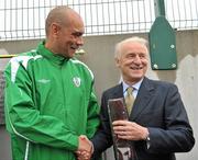 4 May 2011; Republic of Ireland manager Giovanni Trapattoni meets the new regional development officer for Athlone Paul Osam during the official opening of a new all-weather pitch at Athlone Institute of Technology, Athlone, Co. Westmeath. Picture credit: David Maher / SPORTSFILE