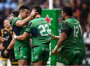 11 December 2016; Rory Parata of Connacht is congratulated by team-mate Cian Kelleher, left, after scoring his side's second try during the European Rugby Champions Cup Pool 2 Round 3 match between Wasps and Connacht at the Ricoh Arena in Coventry, England. Photo by Stephen McCarthy/Sportsfile