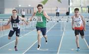 10 December 2016; Shane Monagle, centre, of Ireland, from Ard Scoil na Mara, Tramore, races alongside Joel McFarlane, left, of Scotland, from Camoustle HS, and Joshua Hewitt, right, of England, from Castle Rushen School, Isle of Man, during the Over 16 Boys 60m hurdles at the Combined Events Schools International games at Athlone IT in Co. Westmeath. Photo by Cody Glenn/Sportsfile