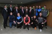14 December 2016; An Taoiseach Enda Kenny T.D with, back row, from left, Dublin footballer Paul Flynn, Dermot Earley, GPA President, Mayo footballer Rob Hennelly, Minister for Transport, Tourism & Sport Shane Ross T.D, Meath footballer Andy Tormey, Meath footballer Conor McGill,  Minister of State for Tourism and Sport Patrick O'Donovan T.D, GPA CEO Dessie Farrell, Armagh footballer Stephen Sheridan, Dublin footballer Denis Bastick, Dublin footballer Ciaran Kilkenny, Kilkenny hurler Cillian Buckley, front row, from left, Wicklow footballer John McGrath, Dublin footballer John Small, Derry footballer Chrissy McKaigue, Kilkenny hurler Richie Hogan and Mayo footballer Evan Regan in attendance at the GPA agreement with Government on Government grants in Croke Park, Dublin. Photo by Matt Browne/Sportsfile