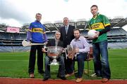 12 May 2011; Pictured at the launch of Newstalk 106-108 FM's coverage of the GAA All-Ireland Senior Championships are Uachtarán Chumann Lúthchleas Gael Criostóir Ó Cuana, centre, with from left, Tipperary's Lar Corbett, Newstalk commentator Dave McIntyre, Newstalk sports anchor Ger Gilroy, and Kerry's Marc Ó Sé. At the launch, Newstalk 106-108 FM revealed the all-star panel that will join Newstalk sports anchor Ger Gilroy, commentator Dave McIntyre, and sideline reporter Ciaran Murphy in delivering the best GAA coverage and analysis available across the country. This is the first time ever that a broadcaster outside the state-run authority has been awarded broadcasting rights of the GAA All-Ireland Senior Championships. Launch of Newstalk 106-108 fm's All-Star 2011 GAA Panel, Croke Park, Dublin. Picture credit: Brian Lawless / SPORTSFILE