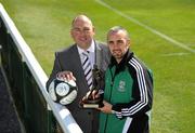 12 May 2011; Bray Wanderers' Gary Dempsey is presented with the Airtricity / SWAI Player of the Month Award for April 2011 by Jason Cooke, Head of Communications, Airtricity. Carlisle Grounds, Bray, Co. Wicklow. Picture credit: Ray McManus / SPORTSFILE