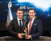 17 December 2016; Olympic silver medalists Paul O'Donovan and Gary O'Donovan with their award after winning the RTÉ team of the year award at the 2016 RTÉ Sport Awards in RTE Television Studios, Donnybrook, Dublin.  Photo by Eóin Noonan/Sportsfile
