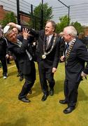 17 May 2011; FAI CEO John Delaney, left, with the Lord Layor of Dublin Cllr. Gerry Breen and FAI President Paddy McCaul, right, at the opening of the new UEFA mini pitch in the Cabbage Patch, Dublin. The new mini pitch is a gift from UEFA to the city of Dublin to mark the Europa League Final on May 18th. Cabbage Patch, Kevin Street, Dublin. Photo by Sportsfile