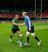 20 May 2011; Leinster captain Leo Cullen, right, and Northampton Saints captain Dylan Hartley shake hands during a captain's photocall ahead of their Heineken Cup Final on Saturday. Heineken Cup Final Captain's Photocall, Millennium Stadium, Cardiff, Wales. Picture credit: Ray McManus / SPORTSFILE