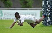 21 May 2011; Niyi Adalukan, Dublin University, scores his side's 5th try. Divison 1 Men's Cup Final. All-Ireland Club Seven's Championship Finals, Dublin University v Old Belvedere, St Mary's RFC, Templeville Road, Dublin. Picture credit: Barry Cregg / SPORTSFILE