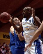 25 January 2002; Marvin Dixon of SX3 Star in action against Dean Kavanagh of Waterford Crystal during the ESB Men's National Cup semi-final between Waterford Crystal and SX3 Star at the ESB Arena in Tallaght, Dublin. Photo by Brian Lawless/Sportsfile