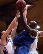 25 January 2002; James Singleton of Waterford Crystal is blocked by Gary Connolly of SX3 Star during the ESB Men's National Cup semi-final between Waterford Crystal and SX3 Star at the ESB Arena in Tallaght, Dublin. Photo by Brian Lawless/Sportsfile