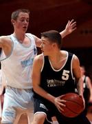 4 February 2002; Simon Flynn of Belvedere in action against Shane Perry of CBS Naas during the Bank of Ireland Schools Cup U-16 B Final between Belvedere College, Dublin and CBS Naas, Kildare at ESB Arena in Tallaght, Dublin. Basketball. Photo by Brendan Moran/Sportsfile