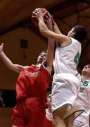 5 February 2002; Daniel Boylan of Tralee in action against Shane Melia of St Muiredach's during the Bank of Ireland Schools Cup U19 B Final between St Muredach's College, Ballina and Tralee Community College at the ESB Arena in Tallaght, Dublin. Photo by Brendan Moran/Sportsfile