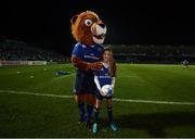 6 January 2017; Leinster match day mascot Rebecca Bowden, from Rathfarnham, Dublin, with Leo The Lion at the Guinness PRO12 Round 13 match between Leinster v Zebre at the RDS Arena in Ballsbridge, Dublin.  Photo by Stephen McCarthy/Sportsfile