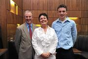 30 May 2011; Pictured at the 2011 Cadbury Hero of the Future Award's ceremony are, from left, Francis Collins, Jacinta Collins and Mark Collins, from Cork. Mark Collins was one of 14 shortlisted players who excelled throughout the 2011 Cadbury GAA U21 Football Championship. The 2011 Cadbury Hero of the Future Award was won by Thomas Flynn from Galway. All nominees can be seen on www.cadburygaau21.com Past winners, Rory O’Carroll from Dublin, Colm O’Neill and Fintan Goold from Cork, Killian Young from Kerry and Keith Higgins from Mayo have gone on to represent their Counties at Senior level. 2011 Cadbury Hero of the Future Awards, Croke Park, Dublin. Picture credit: Pat Murphy / SPORTSFILE