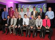 30 May 2011; Páraic Ó Dufaigh, Ard-Stiúrthóir, GAA and Shane Guest, Cadbury Ireland, with the 2011 Cadbury Hero of the Future Awards team, back row, from left, Barry Reilly, Cavan, Gearoid McKiernan, Cavan, Conor Lynam, Westmeath, Mark Hehir, Galway, Sean Gaul, wexford, Michael O'Regan, Wexford, Tomas Fahy, Galway, and Mark Collins, Cork. Front row, from left, Niall Kilroy, Roscommon, Jack Brady, Cavan, Thomas Flynn from Galway, who won the 2011 Cadbury Hero of the Future Award, Chris McGuinness, Monaghan, and Paul Geaney, Kerry. Thomas was one of 14 shortlisted players who had excelled throughout the 2011 Cadbury GAA U21 Football Championship, all nominees can be seen on www.cadburygaau21.com Past winners include Rory O’Carroll from Dublin, Colm O’Neill and Fintan Goold from Cork, Killian Young from Kerry and Keith Higgins from Mayo and all have gone on to represent their counties at senior level. Thomas, who plays his club football with St Mary’s Athenry was named as a Cadbury Hero of the Match for his performance against Cork in the All Ireland Semi Final. The judging panel which consisted of senior Kildare footballer Dermot Earley, former Dublin manager Paul Caffrey, TG4 journalist Michael O’Domhnaill and former Kerry and All Star player Darragh O’Se gave serious consideration to the public votes cast on cadburygaau21.com, but ultimately Thomas Flynn’s heroic performances in both the semi-final against Cork and the final against Cavan edged the competition out in the end. 2011 Cadbury Hero of the Future Awards, Croke Park, Dublin. Picture credit: Pat Murphy / SPORTSFILE