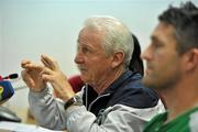 3 June 2011; Republic of Ireland manager Giovanni Trapattoni crosses his fingers as captain Robbie Keane looks on during a press conference ahead of their EURO2012 Championship Qualifier against Macedonia on Saturday. Republic of Ireland Press Conference, Philip II Stadium, Skopje, Macedonia. Picture credit: David Maher / SPORTSFILE