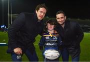 13 January 2017; Matchday mascot Andrew Tierney with Leinster's Dave Kearney and Mike McCarthy ahead of the European Rugby Champions Cup Pool 4 Round 5 match between Leinster and Montpellier at the RDS Arena in Dublin. Photo by Stephen McCarthy/Sportsfile