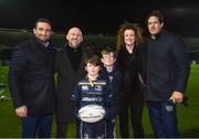 13 January 2017; Matchday mascot Andrew Tierney with Leinster's Dave Kearney and Mike McCarthy ahead of the European Rugby Champions Cup Pool 4 Round 5 match between Leinster and Montpellier at the RDS Arena in Dublin. Photo by Stephen McCarthy/Sportsfile