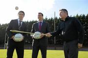 13 June 2011; Galway footballers and Ulster Bank employees Finian Hanley, left, and Joe Bergin, centre, with Manchester United legend Norman Whiteside in advance of the exclusive live broadcast of Ireland’s most popular sports radio show ‘Off the Ball’ at Knocknacarra GAA Club, on Monday June 13th. The live broadcast is part of the ‘Off the Ball Roadshow with Ulster Bank’ which gives people an opportunity to see the hit show broadcast live from popular GAA haunts across the country throughout the 2011 All-Ireland Senior Championships. Ulster Bank is also celebrating its three-year extended sponsorship of the GAA Football All-Ireland Championship with the indroduction of a major new club focused initiative, called ‘Ulster Bank GAA Force’. The initiative will support local GAA clubs across the country by giving them the opportunity to refurbish and upgrade their facilities. For further information, checkout www.ulsterbank.com/gaa. Salthill-Knocknacarra GAA, Dr. Mannix Rd, Salthill, Galway. Picture credit: Pat Murphy / SPORTSFILE