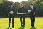 13 June 2011; Galway footballers and Ulster Bank employees Joe Bergin, left, and Finian Hanley, right, with Manchester United legend Norman Whiteside in advance of the exclusive live broadcast of Ireland’s most popular sports radio show ‘Off the Ball’ at Knocknacarra GAA Club, on Monday June 13th. The live broadcast is part of the ‘Off the Ball Roadshow with Ulster Bank’ which gives people an opportunity to see the hit show broadcast live from popular GAA haunts across the country throughout the 2011 All-Ireland Senior Championships. Ulster Bank is also celebrating its three-year extended sponsorship of the GAA Football All-Ireland Championship with the indroduction of a major new club focused initiative, called ‘Ulster Bank GAA Force’. The initiative will support local GAA clubs across the country by giving them the opportunity to refurbish and upgrade their facilities. For further information, checkout www.ulsterbank.com/gaa. Salthill-Knocknacarra GAA, Dr. Mannix Rd, Salthill, Galway. Picture credit: Pat Murphy / SPORTSFILE