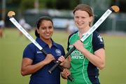 16 June 2011; Ireland captain Alex Speers, right, with India captain Saba Anjum before they go head to head in the ESB Electric Ireland FIH Champions Challenge I on Saturday afternoon next at 3pm in UCD. The event which involves eight nations is taking place at UCD from Saturday the 18th to Sunday the 26th of June. The event which involves eight nations is taking place at UCD from Saturday the 18th to Sunday the 26th of June.  The ESB Electric Ireland FIH Champions Challenge I is for women’s hockey and is for teams ranked 9 to 16 in the world.  Countries competing in the event are Ireland, Spain, India, Azerbaijan, Japan, USA, South Africa and Scotland. ESB Electric Ireland FIH Women's Champion Challenge I Media Day, Irish Hockey Association Offices, Newstead C Building, UCD, Belfield, Dublin. Picture credit: Brendan Moran / SPORTSFILE