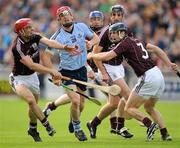 18 June 2011; Ryan Dwyer, Dublin, in action against Fergal Moore and David Collins, Galway. Leinster GAA Hurling Senior Championship Semi-Final, Dublin v Galway, O'Connor Park, Tullamore, Co. Offaly. Picture credit: Ray McManus / SPORTSFILE