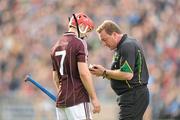 18 June 2011; Galway's Adrian Cullinane has his name taken before being issued with a yellow card by referee Michael Wadding. Leinster GAA Hurling Senior Championship Semi-Final, Dublin v Galway, O'Connor Park, Tullamore, Co. Offaly. Picture credit: Ray McManus / SPORTSFILE