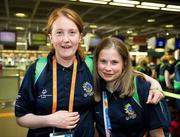20 June 2011; Laura Mangan, left, Calderwood Avenue, Dublin, and Amy Duffy, Lusk, Co. Dublin, Team Ireland, sponsored by eircom, who departed for 2011 Special Olympics World Summer Games in Athens. A total of 126 athletes from Ireland will compete at these prestigious Games which will run from 25th June - 4th July. To follow Team Ireland’s progress at the Games please visit www.specialolympics.ie/athens. Dublin Airport, Dublin. Picture credit: Ray McManus / SPORTSFILE