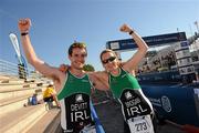 25 June 2011; Ireland's Conor Devitt, from Glasnevin, Dublin, who placed in 12th position in the 25-29 Male Age Group Sprint event, with a time of 01:16:39, and Amy Brogan, from Ranelagh, Dublin, after taking 12th position in the 25-29 Female Age Group Sprint event, with a time of 01:21:17, at the 2011 Pontevedra ETU Triathlon European Championships. Pontevedra, Spain. Picture credit: Stephen McCarthy / SPORTSFILE