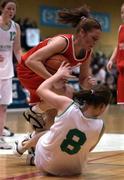 12 February 2002; Faye Hartigan of Presentation Thurles tussles for possession with Chris Rooney of Presentation College during the Bank of Ireland Schools Cup U19 &quot;A&quot; Girls Final match between Presentation Thurles and Ursuline College, Sligo, at the ESB Arena in Tallaght, Dublin. Photo by Brendan Moran/Sportsfile