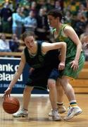 12 February 2002; Emma Kilgallon of Ursuline College in action against Andrina Carmody of Presentation Listowel during the Bank of Ireland Schools Cup U16 &quot;A&quot; Girls Final match between Ursuline College, Sligo, and Presentation Listowel, Kerry, at the ESB Arena in Tallaght, Dublin. Photo by Brendan Moran/Sportsfile