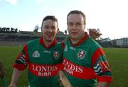 17 February 2002; Gary Cahill, left, and Joe Errity  of Birr celebrate victory over Dunloy following the AIB All Ireland Club Hurling Championship Semi-Final match between Birr and Dunloy at St Tiernach's Park in Clones, Monaghan. Photo by Damien Eagers/Sportsfile