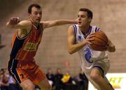 19 February 2002; Mike Keohane of Waterford Crystal in action against Damien Sealy of Dart Killester during the ESB Men's Superleague match between Dart Killester and Waterford Crystal at IWA in Clontarf, Dublin. Photo by Brendan Moran/Sportsfile