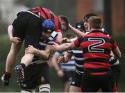 2 February 2017; David Young of Kilkenny College is tackled by Adam Melia of Terenure College during the Bank of Ireland Leinster Schools Senior Cup Round 1 match between Kilkenny College and Terenure College at Castle Avenue, Clontarf, Dublin. Photo by Seb Daly/Sportsfile