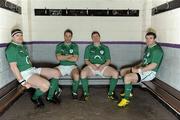 30 June 2011; Ireland players, from left, Jamie Heaslip, Tomas O'Leary, Brian O'Driscoll and Gordon D'Arcy in the new Ireland Rugby kit which will be worn for the first time in August. Picture credit: Brendan Moran / SPORTSFILE