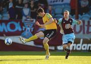 1 July 2011; Shane McEleney, Derry City, in action against Tiernan Mulvenna, Drogheda United. Airtricity League Premier Division, Drogheda United v Derry City, Hunky Dory Park, Drogheda, Co. Louth. Photo by Sportsfile