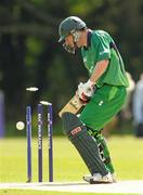 4 July 2011; Alex Cusack, Ireland, is bowled by the delivery of Christi Viljoen, Namibia. One Day International, Ireland v Namibia, Stormont, Belfast, Co. Antrim. Photo by Sportsfile