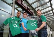 6 July 2011; Ireland's Luke Fitzgerald and Gordon D’Arcy are pictured presenting the new PUMA Ireland Rugby jersey to Briain Gannon, Assistant Manager, Elverys Sports, in the Dundrum Town Centre. The jersey will go on sale July 7th. Dundrum Town Centre, Dundrum, Dublin. Picture credit: Brendan Moran / SPORTSFILE