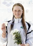 7 July 2011, Sycerika McMahon, Ireland, celebrates with her Gold medal after winning the Girls 400m Freestyle, in a new Irish Junior record time of 4:13.85, European Junior Swimming Championships, Day 2. Tasmajdan Sport and Aquatic Centre, Belgrade, Serbia. Picture credit: Pedja Milosavljevic / SPORTSFILE