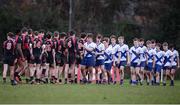 7 February 2017; Players from both sides shake hands following the Bank of Ireland Leinster Schools Junior Cup Round 1 match between Wesley College and St Andrew’s College at Anglesea Road in Dublin. Photo by Sam Barnes/Sportsfile