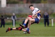 7 February 2017; Oliver McGannon of St Andrew’s College is tackled by Luke Fitzpatrick of Wesley College during the Bank of Ireland Leinster Schools Junior Cup Round 1 match between Wesley College and St Andrew’s College at Anglesea Road in Dublin. Photo by Sam Barnes/Sportsfile