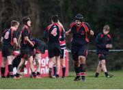 7 February 2017; Jamie Kavanagh of Wesley College celebrates after his side score their second try during the Bank of Ireland Leinster Schools Junior Cup Round 1 match between Wesley College and St Andrew’s College at Anglesea Road in Dublin. Photo by Sam Barnes/Sportsfile