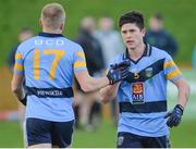 8 February 2017; Sean O'Dea, left, and Conor Mullally of UCD celebrate at the final whistle after the Independent.ie HE GAA Sigerson Cup Quarter-Final match between Ulster University and UCD at Jordanstown in Belfast. Photo by Oliver McVeigh/Sportsfile