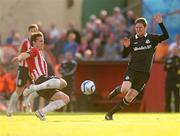 8 July 2011; Ryan McBride, Derry City, in action against Gary Twigg, Shamrock Rovers. Airtricity League Premier Division, Derry City v Shamrock Rovers, Brandywell, Co. Derry. Photo by Sportsfile