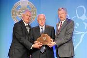 8 July 2011; Uachtarán CLG Criostóir Ó Cuana, left, and Ard Stiúrthoir Paraic Duffy, right, present James Walsh, on behalf of the St. Galls GAA Club, Co. Antrim, with the 2010 GAA MacNamee GAA History Award. Croke Park, Dublin. Picture credit: Pat Murphy / SPORTSFILE