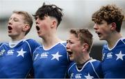10 February 2017; St Mary's College players, left to right, David O'Brien, Matthew Naughton, Jack Lundy, and Robert Nolan sing the school anthem after the Bank of Ireland Leinster Schools Junior Cup Round 1 match between Newbridge College and St Mary's College at Donnybrook Stadium in Donnybrook, Dublin. Photo by Daire Brennan/Sportsfile
