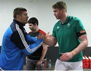 10 February 2017; Ireland captain Cillian Gallagher, right, shakes hands with Italy captain Marco Riccioni ahead of the RBS U20 Six Nations Rugby Championship match between Italy and Ireland at Stadio Enrico Chersoni in Prato, Italy. Photo by Massimiliano Pratelli/SPORTSFILE