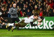 10 February 2017; Louis Ludik of Ulster scores his side's third try as Magnus Bradbury of Edinburgh Rugby looks on during the Guinness PRO12 Round 14 match between Ulster and Edinburgh Rugby at Kingspan Stadium in Belfast. Photo by Piaras Ó Mídheach/Sportsfile
