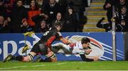 10 February 2017; Louis Ludik of Ulster scoring his side's third try despite the tackle of Magnus Bradbury of Edinburgh Rugby during the Guinness PRO12 Round 14 match between Ulster and Edinburgh Rugby at Kingspan Stadium in Belfast. Photo by Oliver McVeigh/Sportsfile