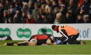 10 February 2017; Fraser McKenzie of Edinburgh Rugby receives medical attention before leaving the field on a stretcher in the second half during the Guinness PRO12 Round 14 match between Ulster and Edinburgh Rugby at Kingspan Stadium in Belfast. Photo by Piaras Ó Mídheach/Sportsfile